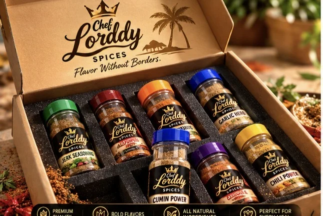 Chef Lorddy spice jars in a presentation gift box