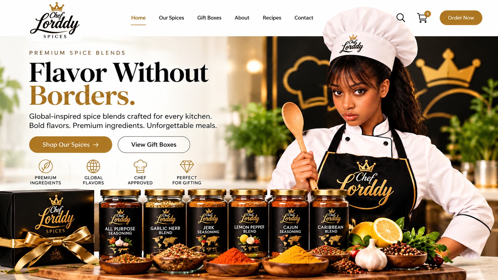 Chef Lorddy wearing her chef hat and branded apron on the right, with the Flavor Without Borders message and spice jars across the bottom